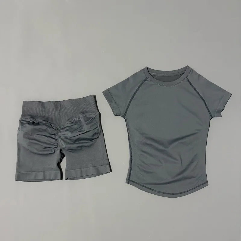 2 Pcs Impact Sports Sets Short Sleeve Seamless Yoga Top Fitness Set