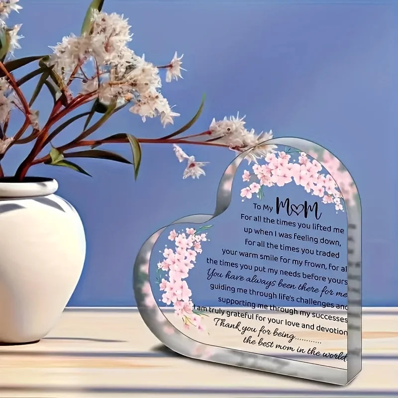 Heart-Shaped Acrylic Mom Appreciation Plaque With Floral Design Elegant Script Text Sentimental Thank You Gift For Mother