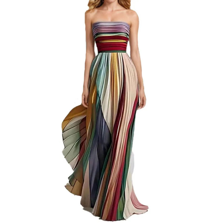 Europe and America - dress fashionable and elegant waist pleated printed long dress