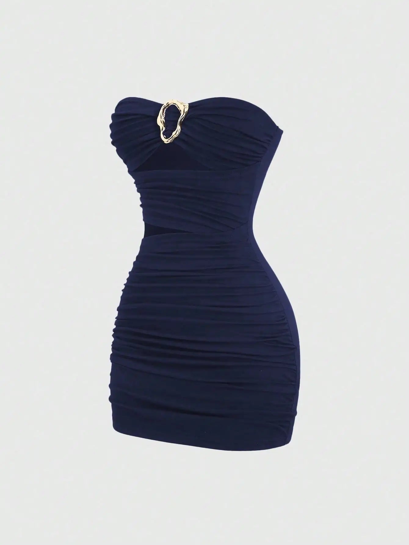 Ruched Strapless Mini Dress With Cutout Waist And Ornamental Metal Ring