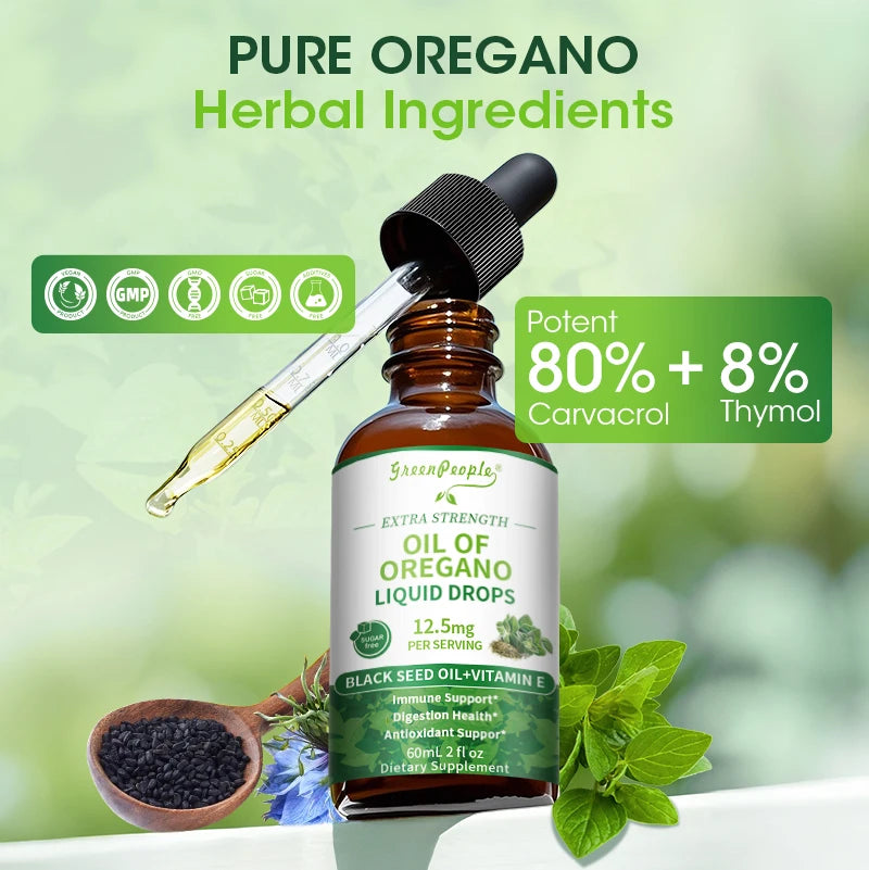 Organic Oregano Oil Drops with Black Seed Oil & Vitamin E Immune, Respiratory,Digestive Support Vegan,Sugar-Free,Non-GMO