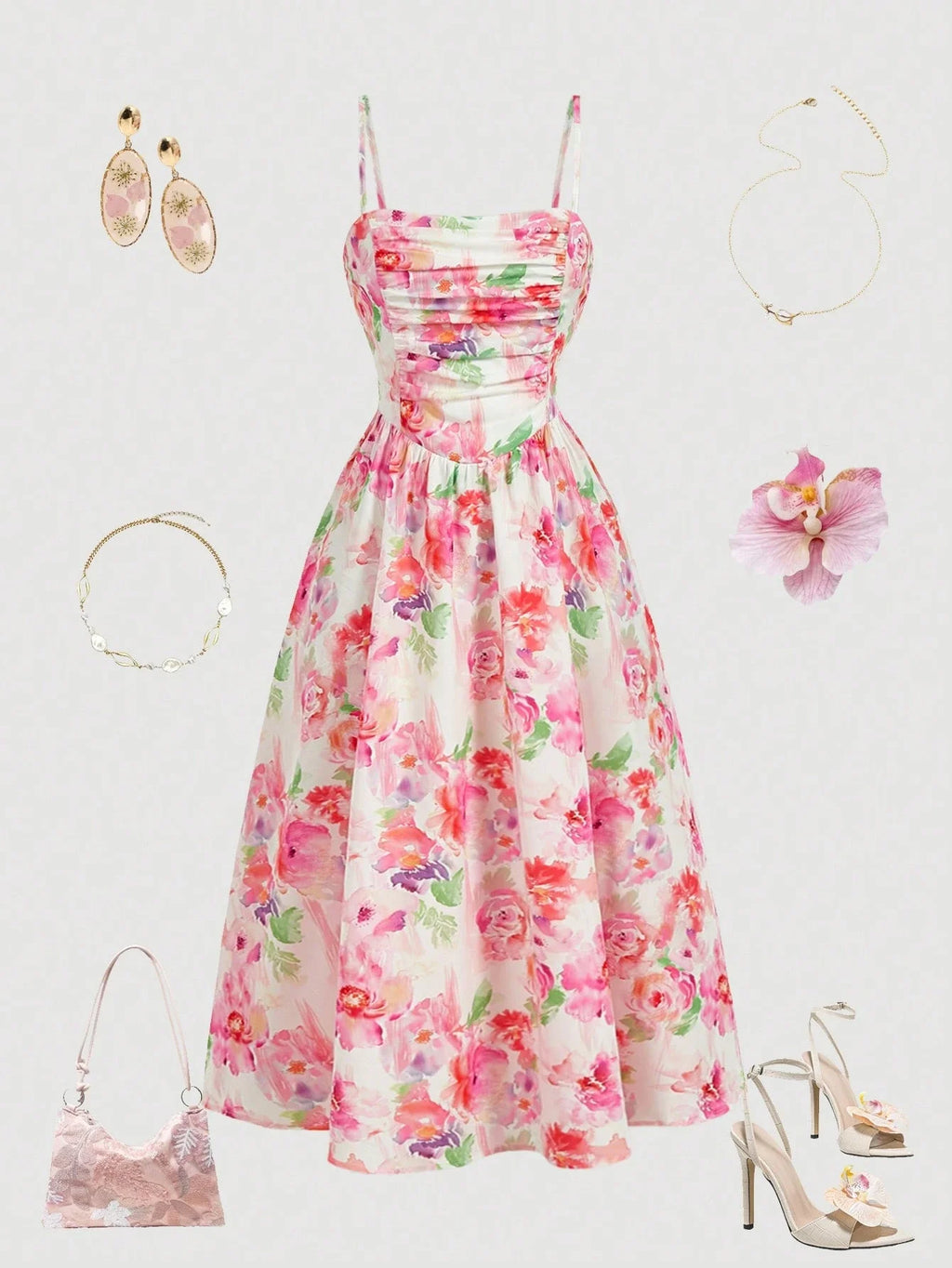 Elegant Floral Print Pleated Midi Slip Dress For Women Spring Summer