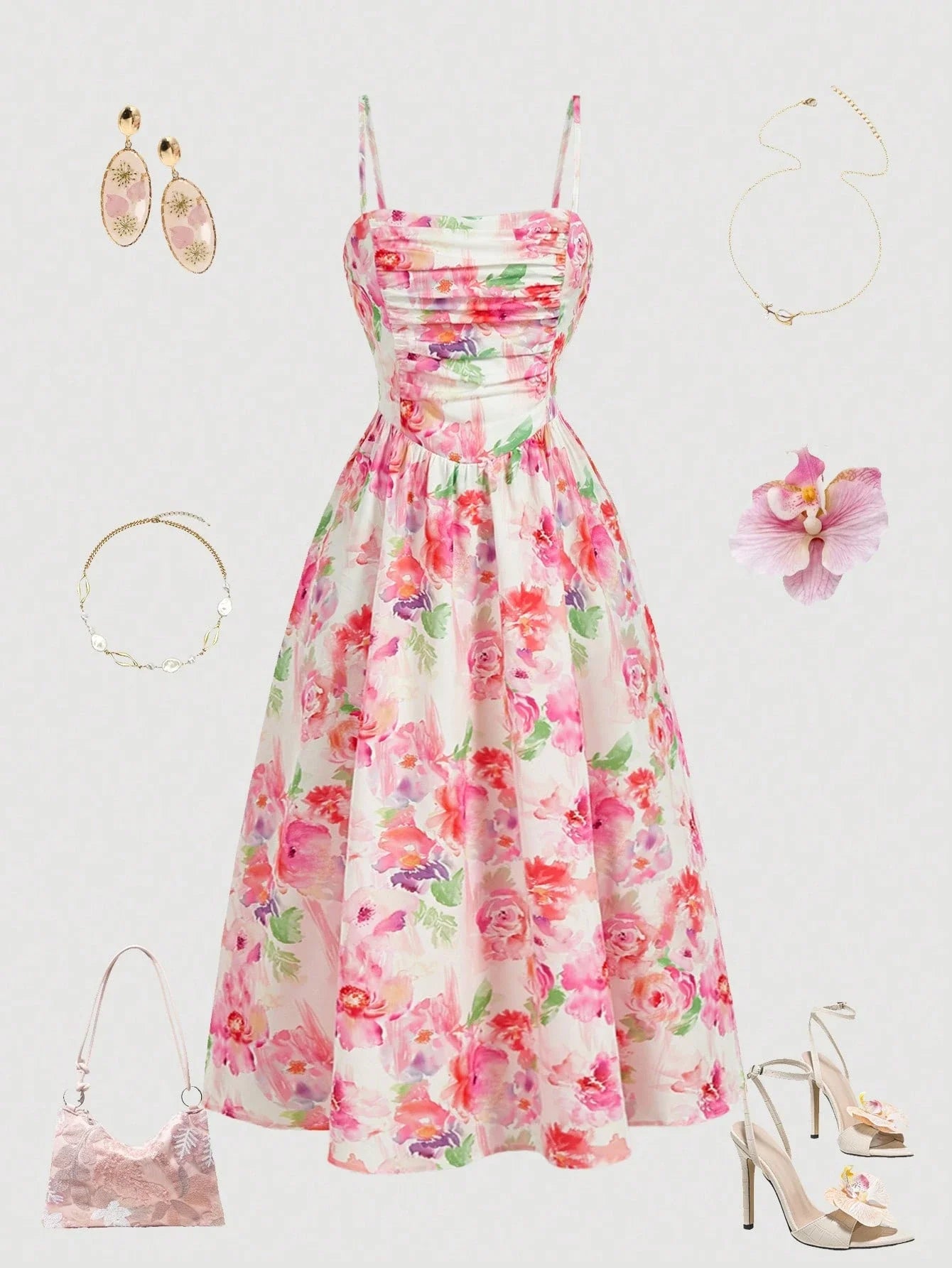 Elegant Floral Print Pleated Midi Slip Dress For Women Spring Summer