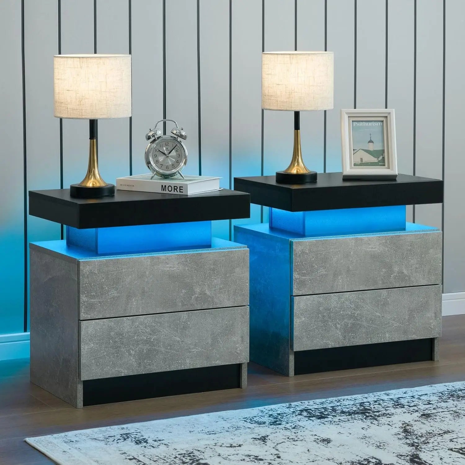 Nightstand Set of 2 LED Nightstand with 2 Drawers,Night Stand Set 2 with LED Light