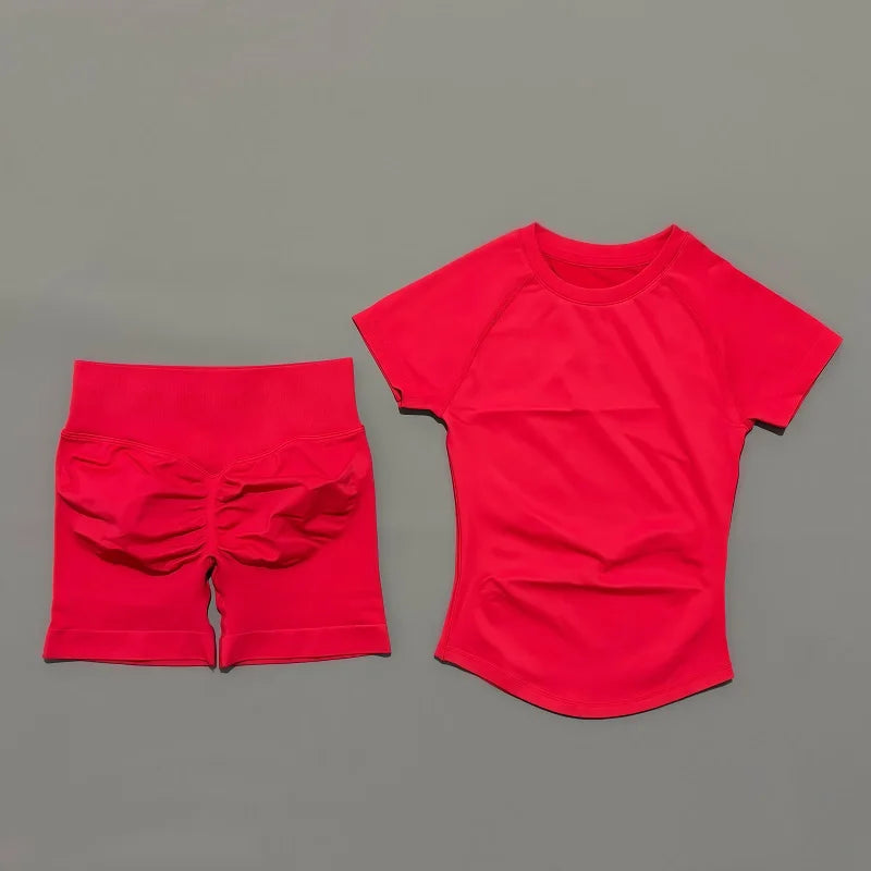 2 Pcs Impact Sports Sets Short Sleeve Seamless Yoga Top Fitness Set
