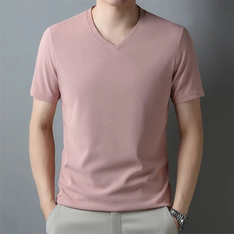 Men's New Waffle V Neck Short Sleeved T-shirt Summer Comfortable Top