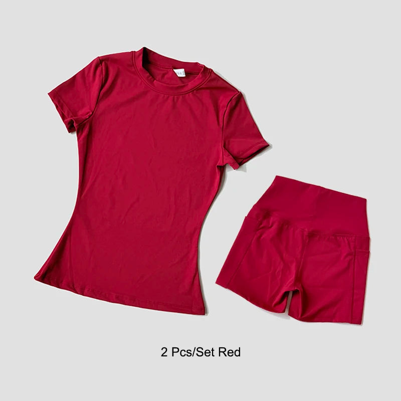 Women's Sports Yoga Set Seamless Knitted Fitness Gym Clothes Sportswear Short Sleeve Crop Top