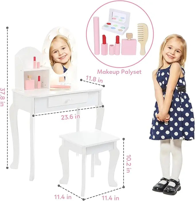Kids Vanity Set with Lighted Mirror and Stool, Wooden Makeup Table