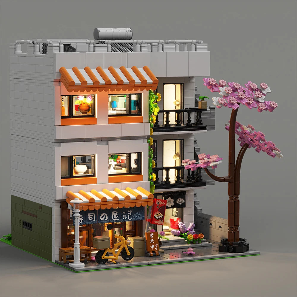 3911PCS Japanese Apartment Modular Building Blocks,with 5 Figures,Street View Model Bricks LED Light