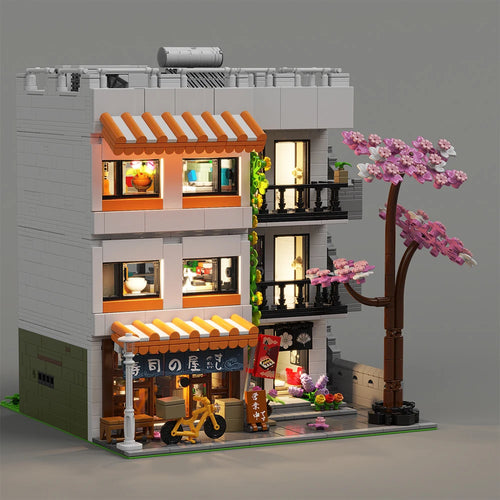 3911PCS Japanese Apartment Modular Building Blocks,with 5 Figures,Street View Model Bricks LED Light