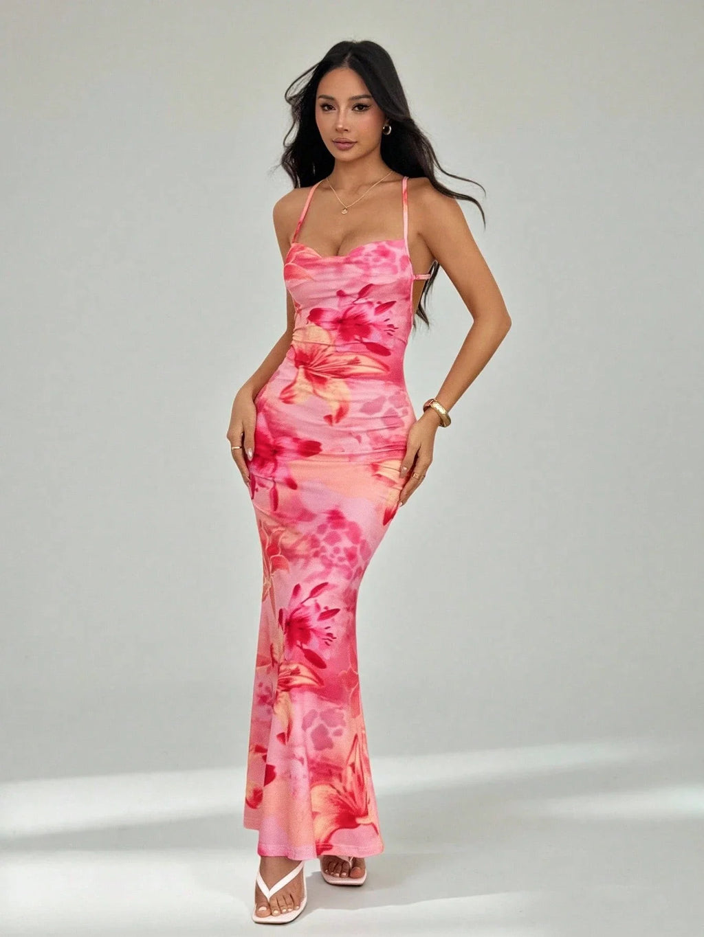 Pink Floral Bodycon Maxi Dress With Plunging neckline And Backless Design For Vacation Party Wear
