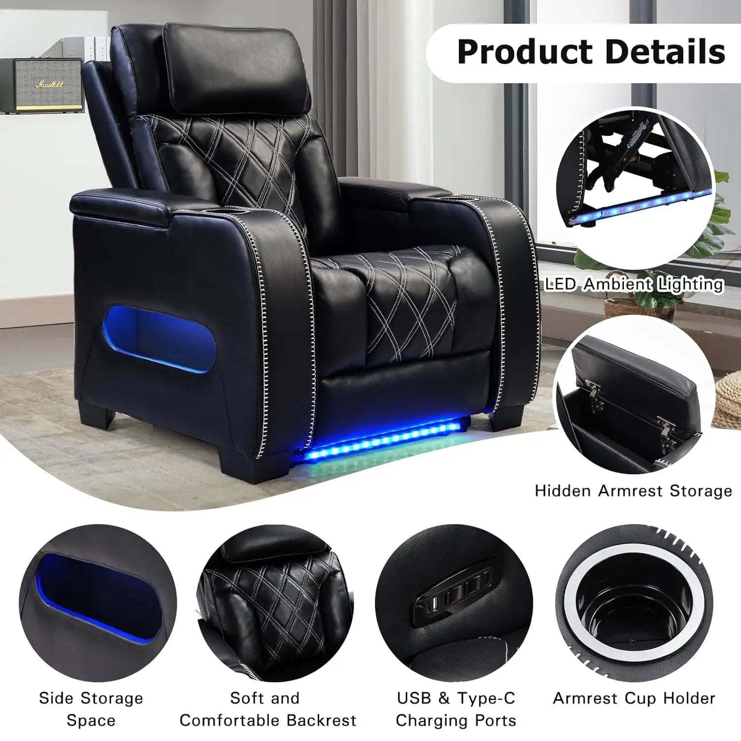 Electric Power Recliner Chair, PU Leather Home Theater Seating with Power Headrest