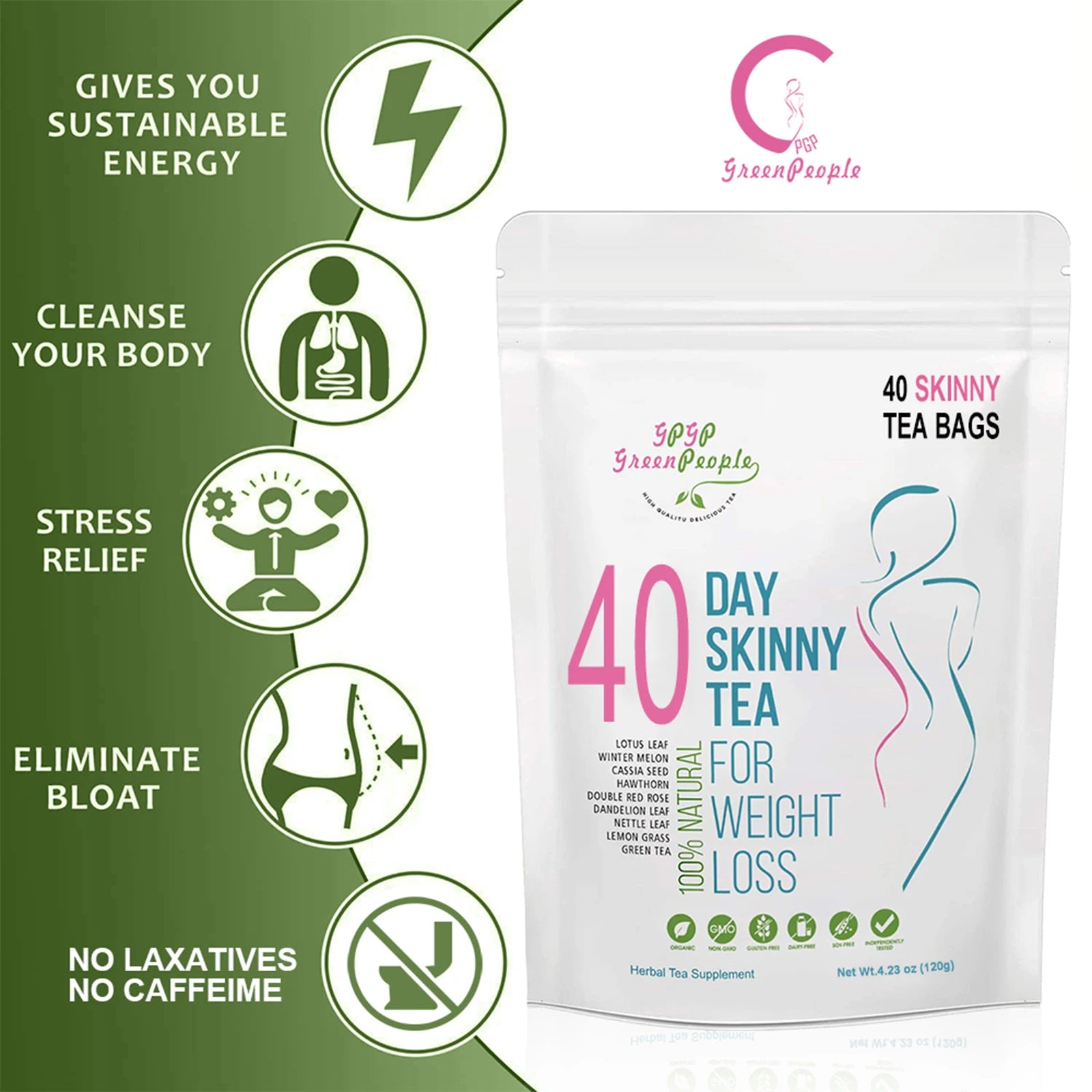 Natural 40 Days Herbal Skinny Detox Weight Loss Supplement No Caffeine Non-GMO
