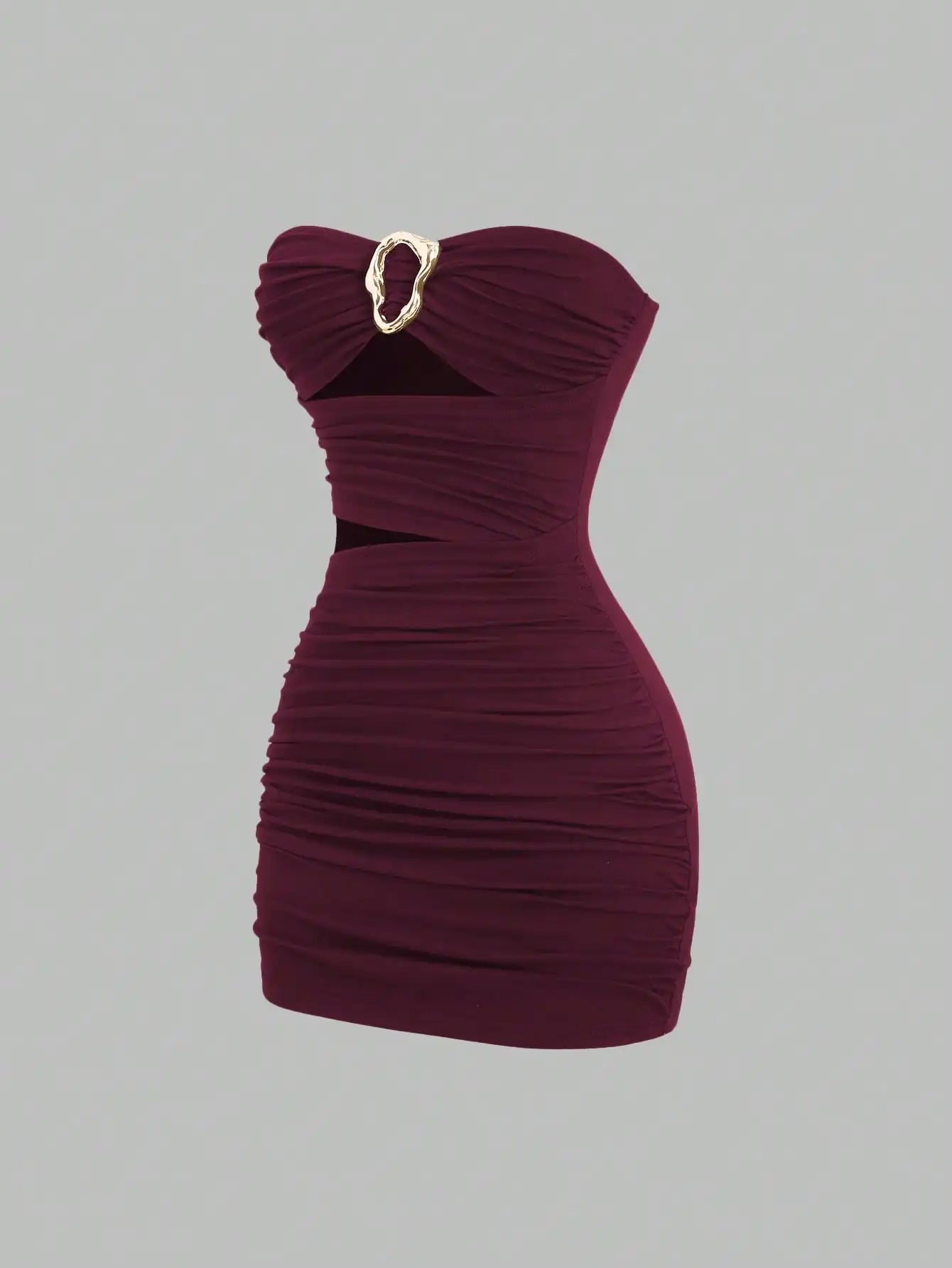 Ruched Strapless Mini Dress With Cutout Waist And Ornamental Metal Ring