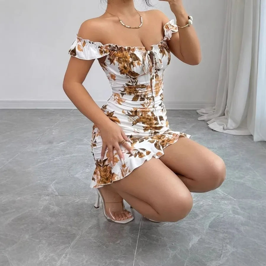 French summer - flower printing and dyeing dress retro waist slim short skirt