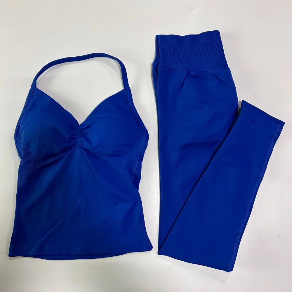 No Logo Seamless Gym Set Women Tank Tops High Waist Yoga Leggings Fitness Clothes Workout Sets Gym Suit Activewear