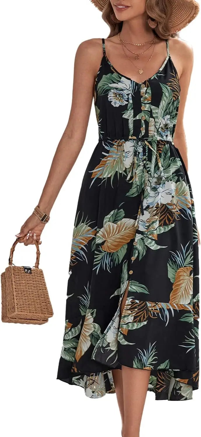 Boho SundrPolka Dot Spaghetti Strap V Neck Flowy Midi Dresses