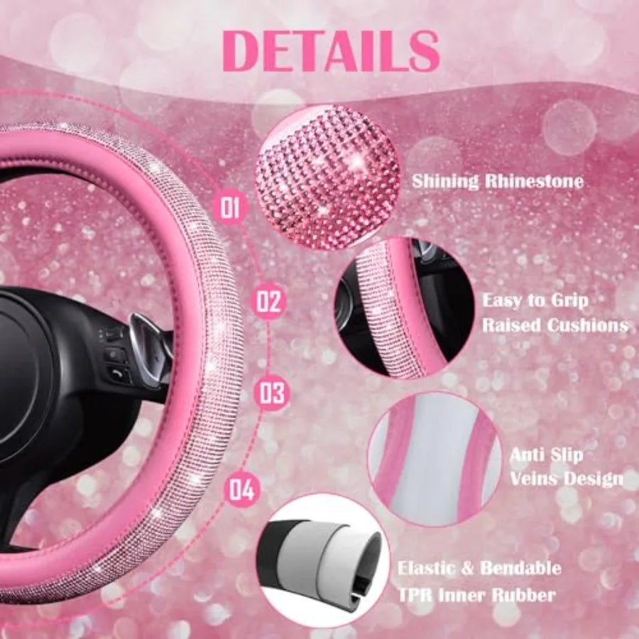 24 PCS Pink Bling Diamond Accessories Set for Women Leather Seat Covers 15'' Steering Wheel Cover Shining Rhinestone