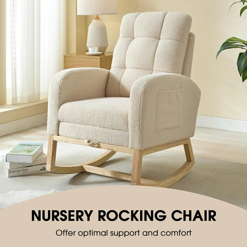 Modern Nursery Rocking Chair, Teddy Upholstered Rocking Chair with Footrest, Comfortable Rocker Recliner