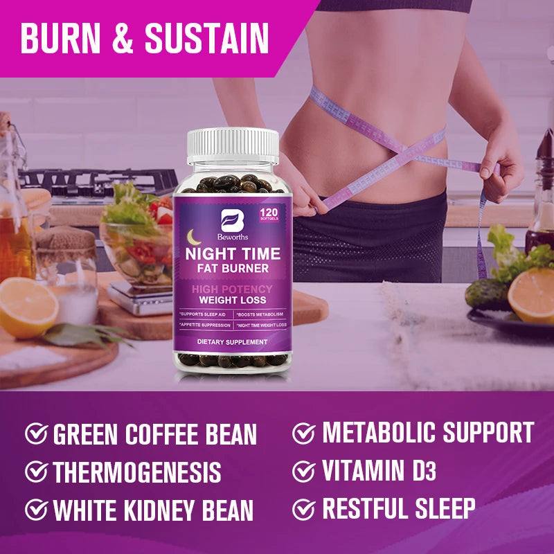 120pcs Night Time Fat Burnner Capsule for Women and Men Loss Weight Management Weight Slimming Tool Detox Burning Fat