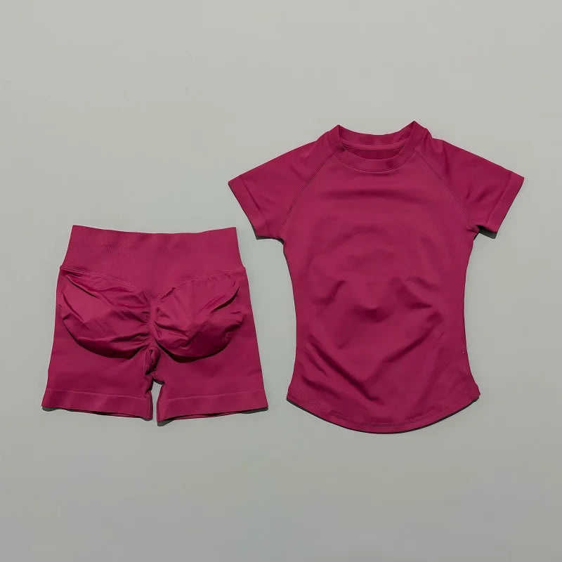 2 Pcs Impact Sports Sets Short Sleeve Seamless Yoga Top Fitness Set
