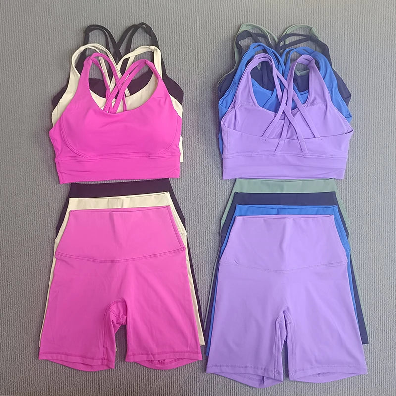 2-Piece Yoga Set Tights Shorts For Woman Cross Back Bra Top + High Waist Shorts Fitness Running Workout Tracksuit
