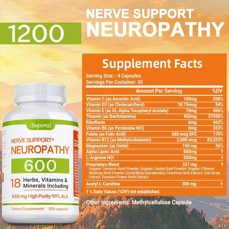 Neuropathy Support Supplement 600mg - Supports The Nervous System, Relieves Stress, Promotes Brain Function