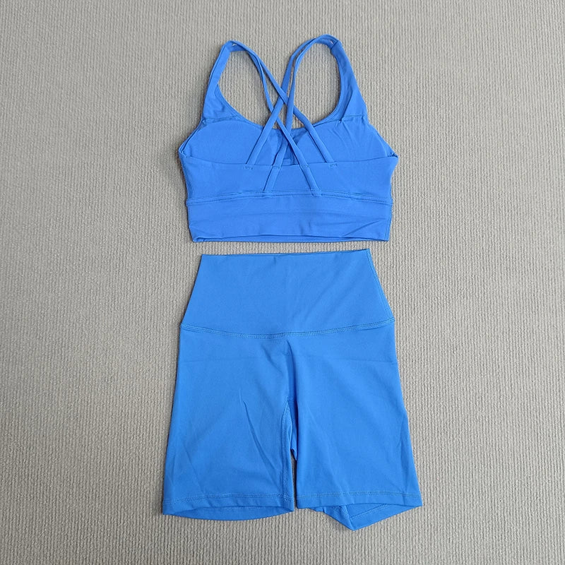 2-Piece Yoga Set Tights Shorts For Woman Cross Back Bra Top + High Waist Shorts Fitness Running Workout Tracksuit