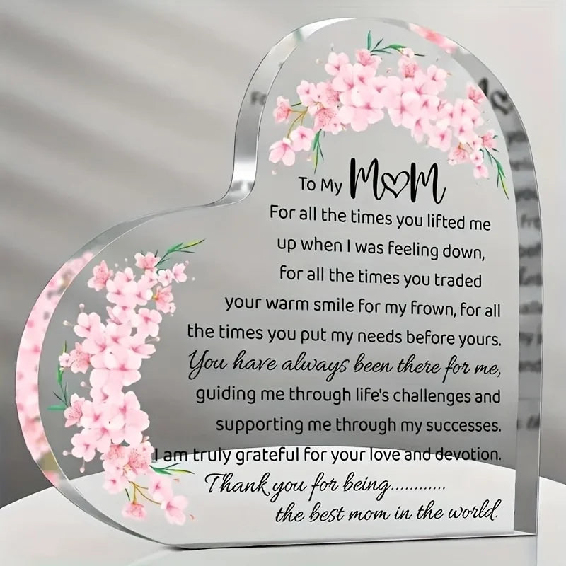 Heart-Shaped Acrylic Mom Appreciation Plaque With Floral Design Elegant Script Text Sentimental Thank You Gift For Mother