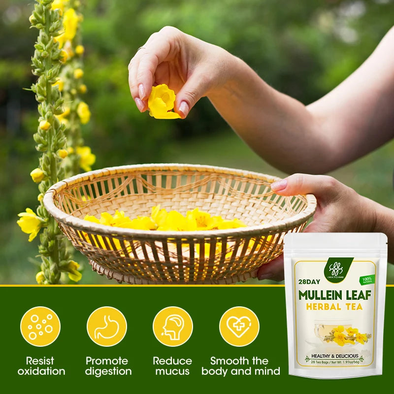 Mullein Leaf Tea, Mullein Tea Bags for Lung Cleanse, Respiratory Support, Herbal Tea Caffeine Free, Non-GMO
