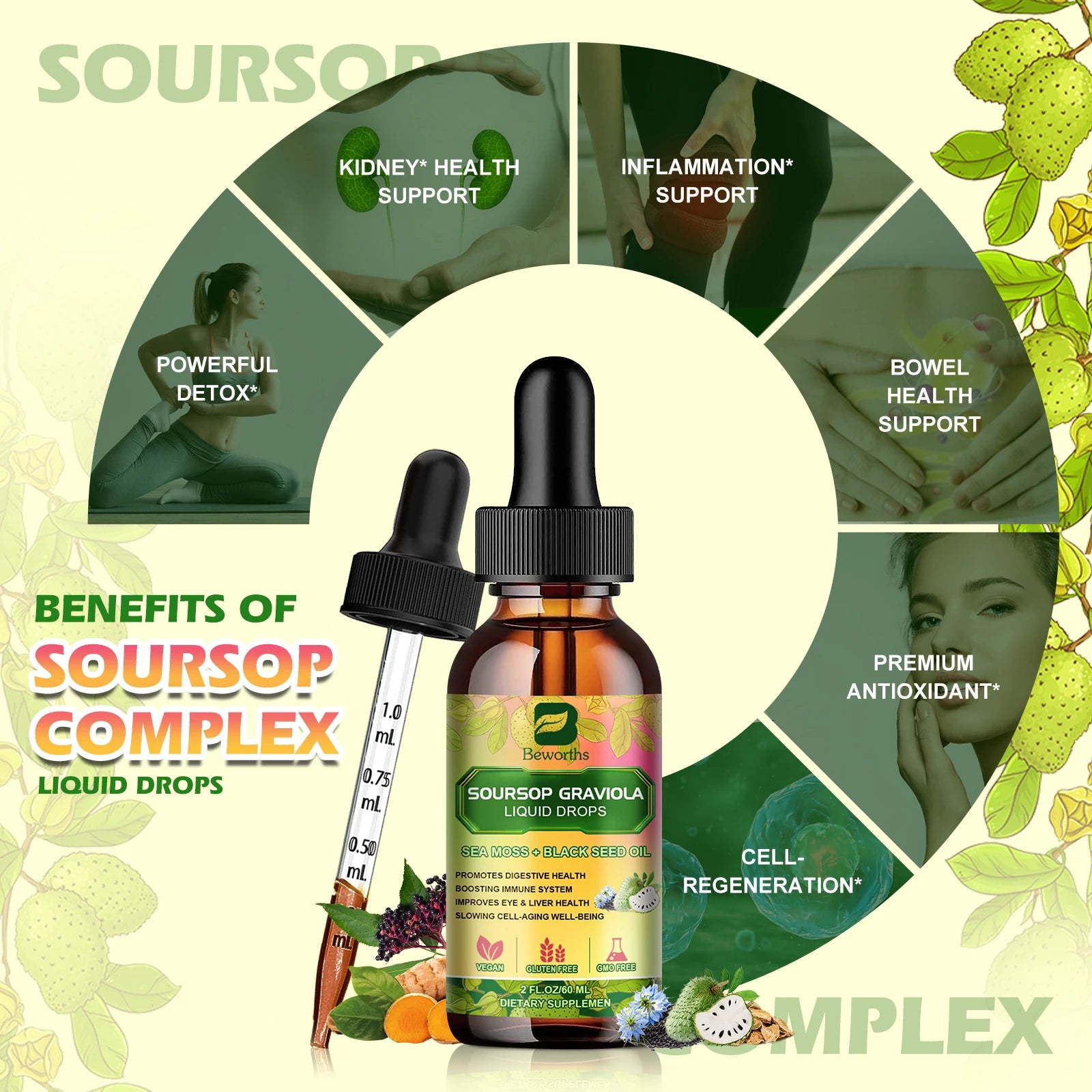Soursop Graviola Extract Drops Support Immunity and Kidney Health, Detox and Antioxidation Gluten-Free