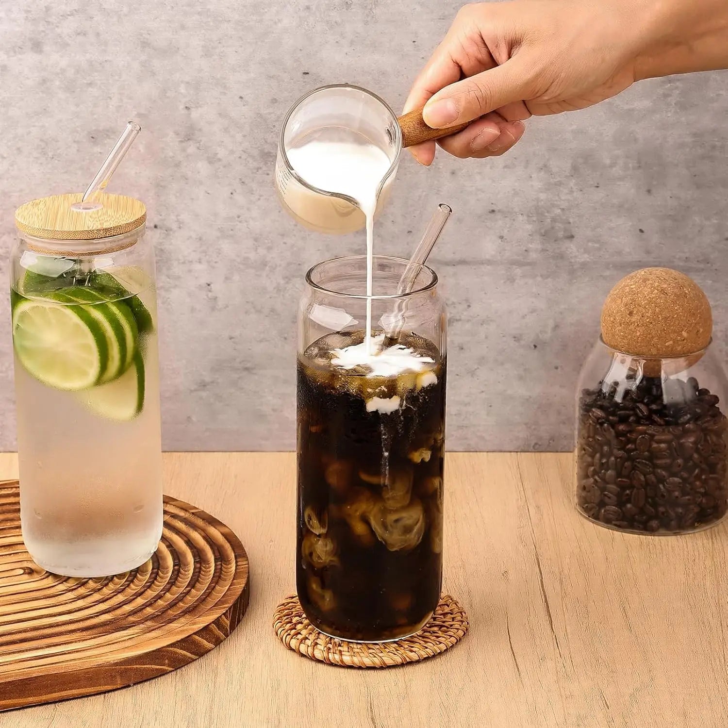 Drinking Glasses with Bamboo Lids and Glass Straws