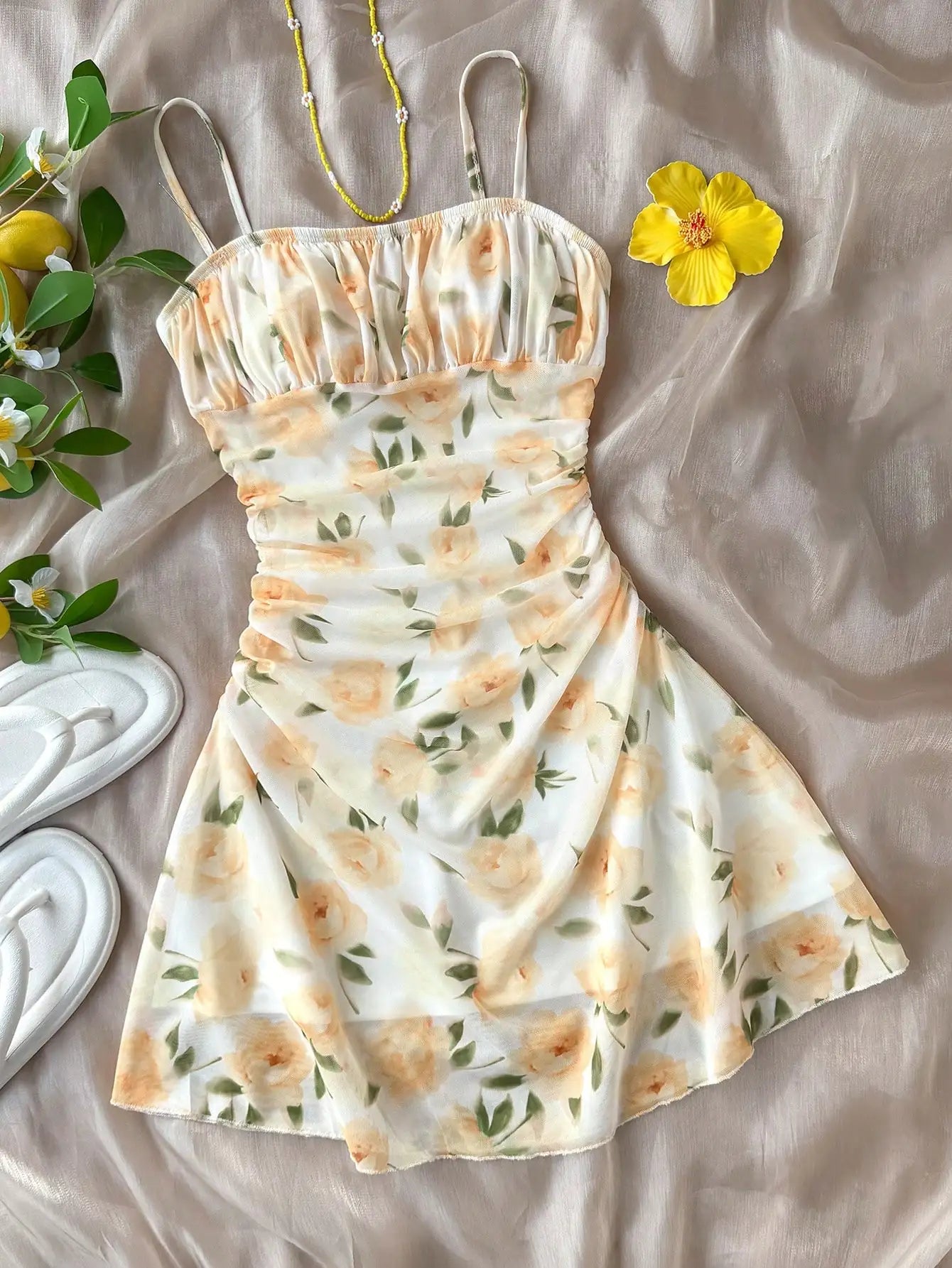 Blue and White Floral Print Ruched Strap Dress for Teen Girls, Summer Casual Style
