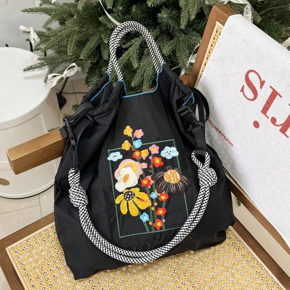 l Embroidery Canvas Shoulder Bag Women Large Capacity Tote Bag Crossbody Handbag Shopping Bag Vintage