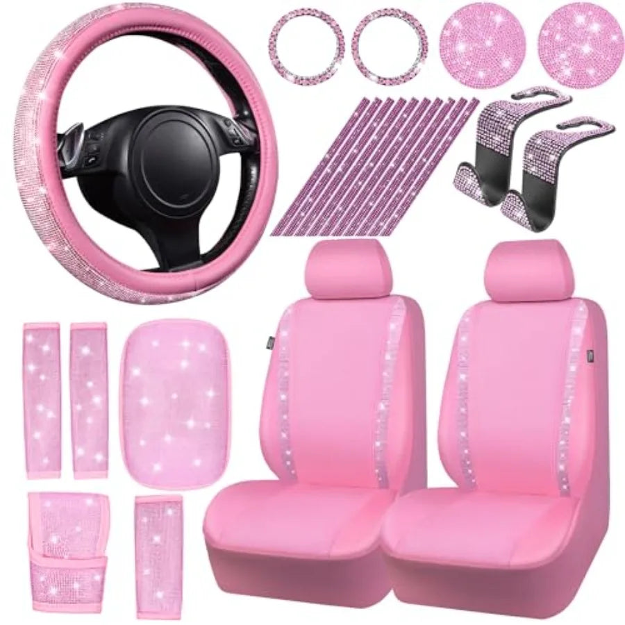 24 PCS Pink Bling Diamond Accessories Set for Women Leather Seat Covers 15'' Steering Wheel Cover Shining Rhinestone