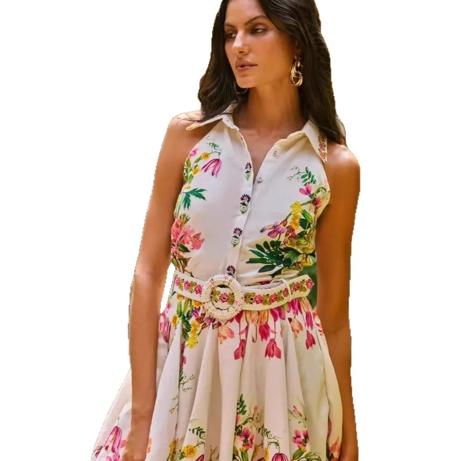 Europe and America -Hawaii fashion summer vacation print sexy sleeveless cardigan flower women's shirt dress