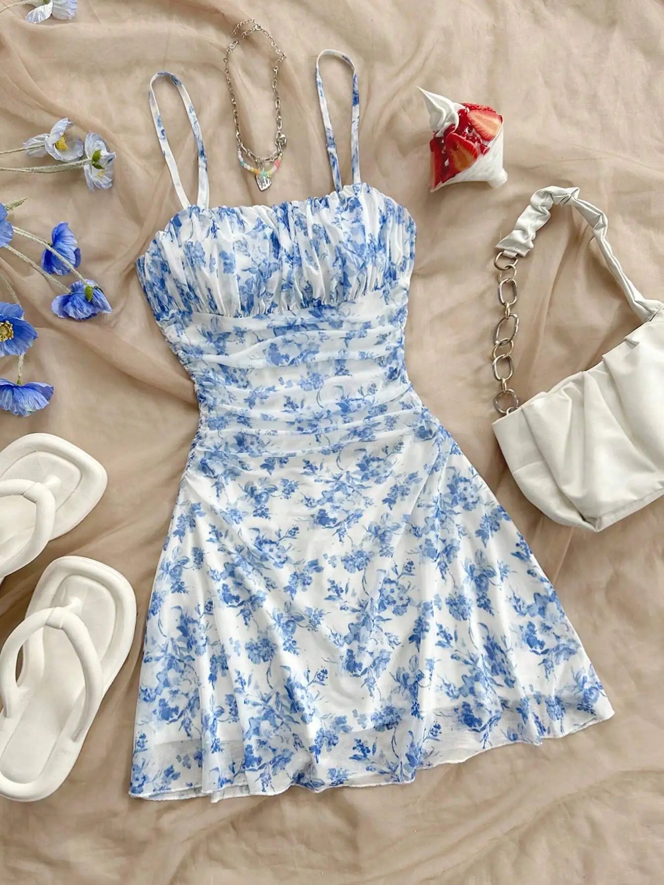 Blue and White Floral Print Ruched Strap Dress for Teen Girls, Summer Casual Style