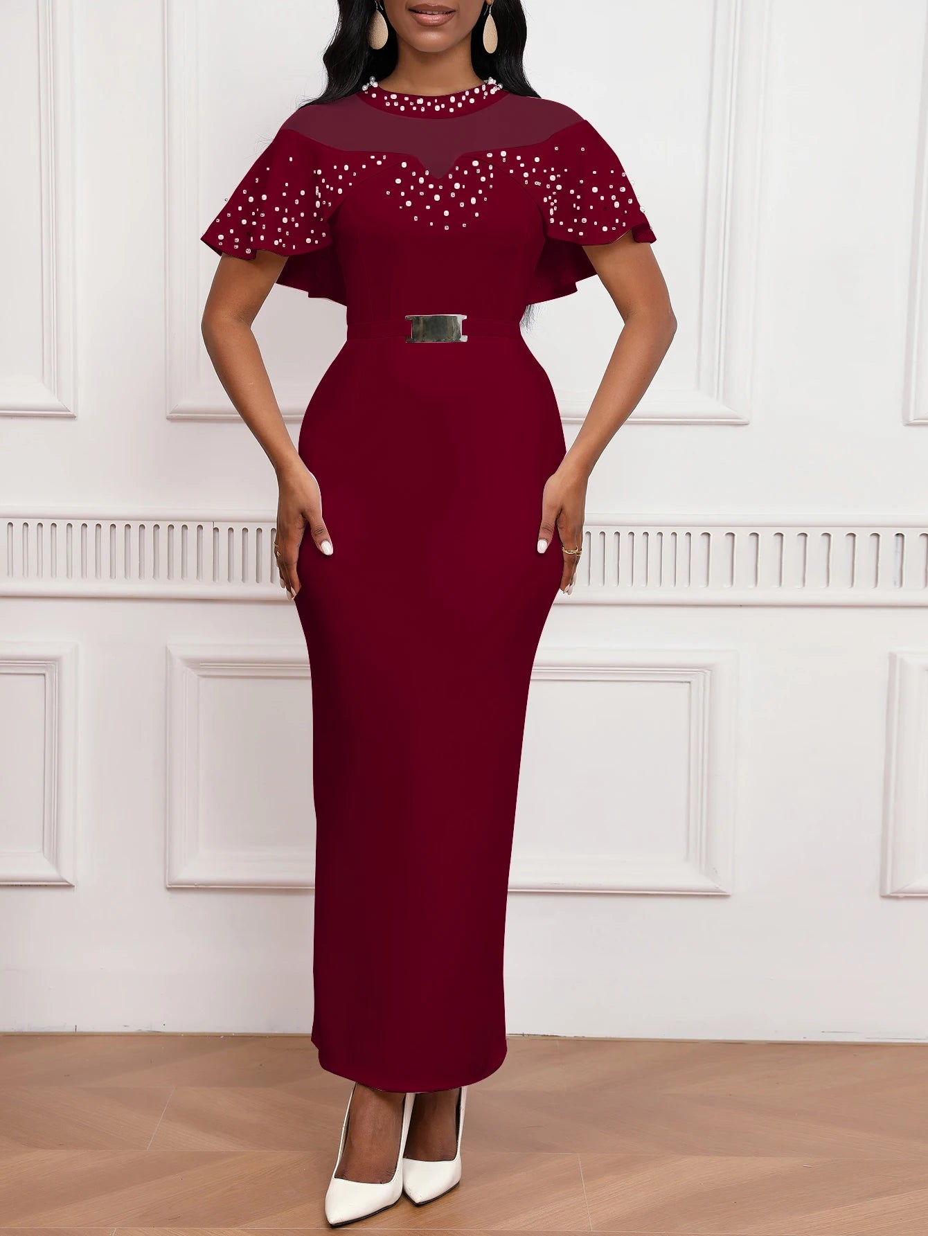 Fashion Elastic Banquet Elegant Dress with Beaded Tulle Shawl Sleeves, Belted, Slim-Fitting, and Pencil Long Skirt