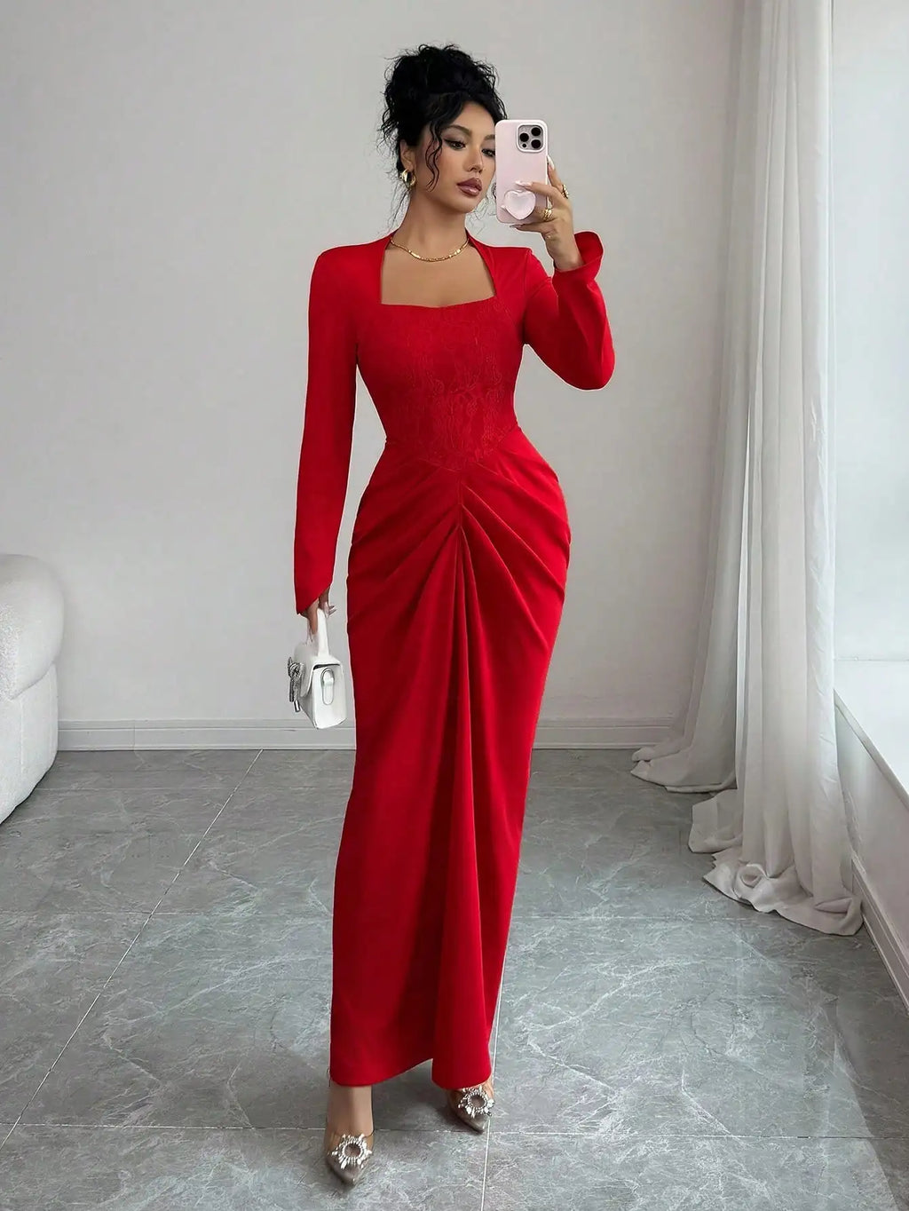 Red Lace Panel Square Neck Long Sleeve Fitted Maxi Dress with Ruched Skirt