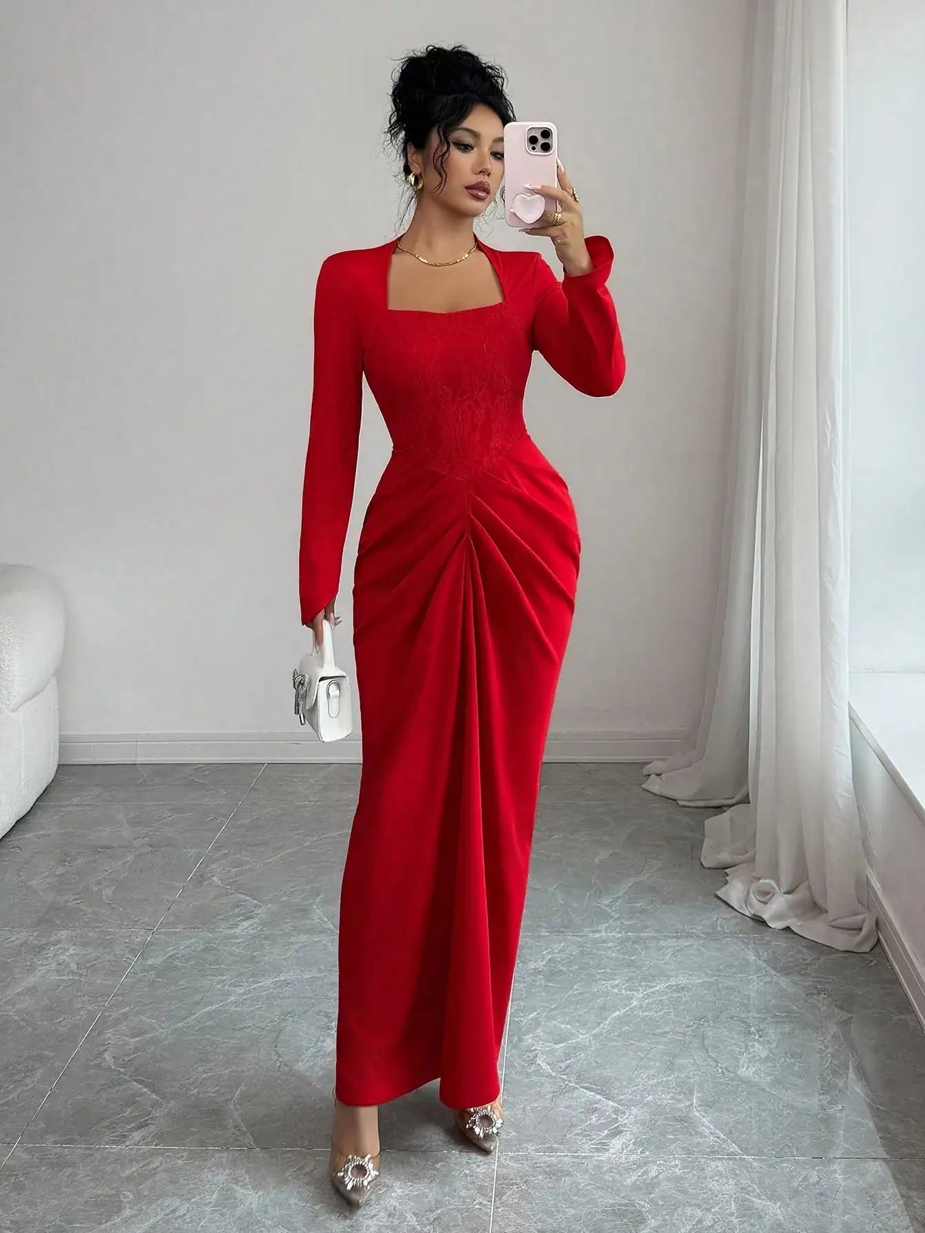 Red Lace Panel Square Neck Long Sleeve Fitted Maxi Dress with Ruched Skirt