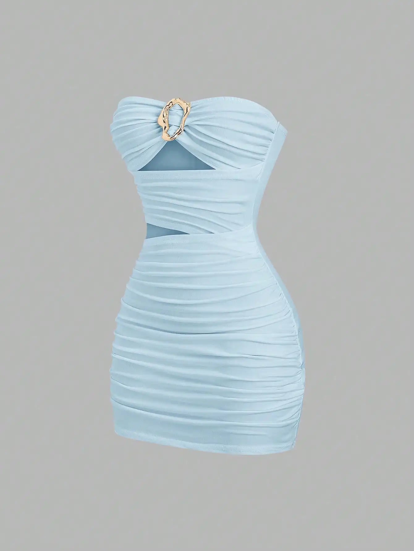 Ruched Strapless Mini Dress With Cutout Waist And Ornamental Metal Ring