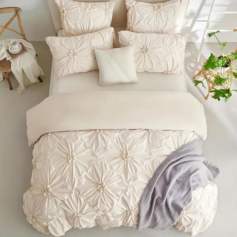 3pcs Bohemian Rhomboid Plaid Stereoscopic Flower Plain Colour Quilt Cover Set(1 Duvet Cover +2 Pillowcase
