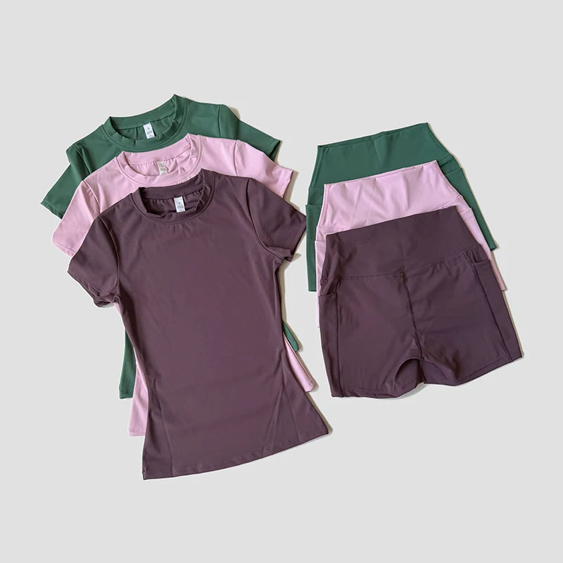 Women's Sports Yoga Set Seamless Knitted Fitness Gym Clothes Sportswear Short Sleeve Crop Top