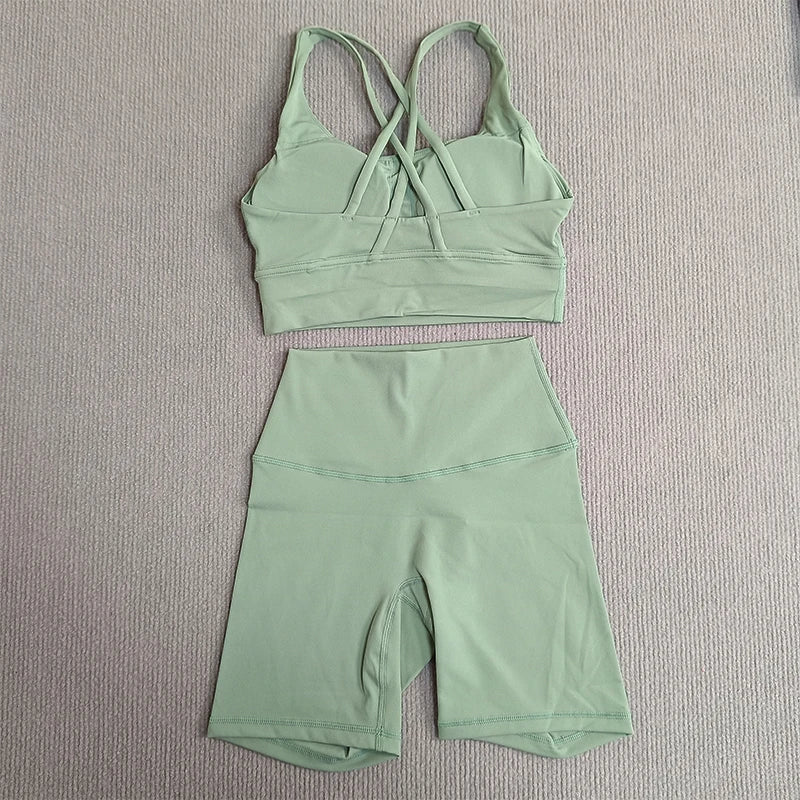 2-Piece Yoga Set Tights Shorts For Woman Cross Back Bra Top + High Waist Shorts Fitness Running Workout Tracksuit
