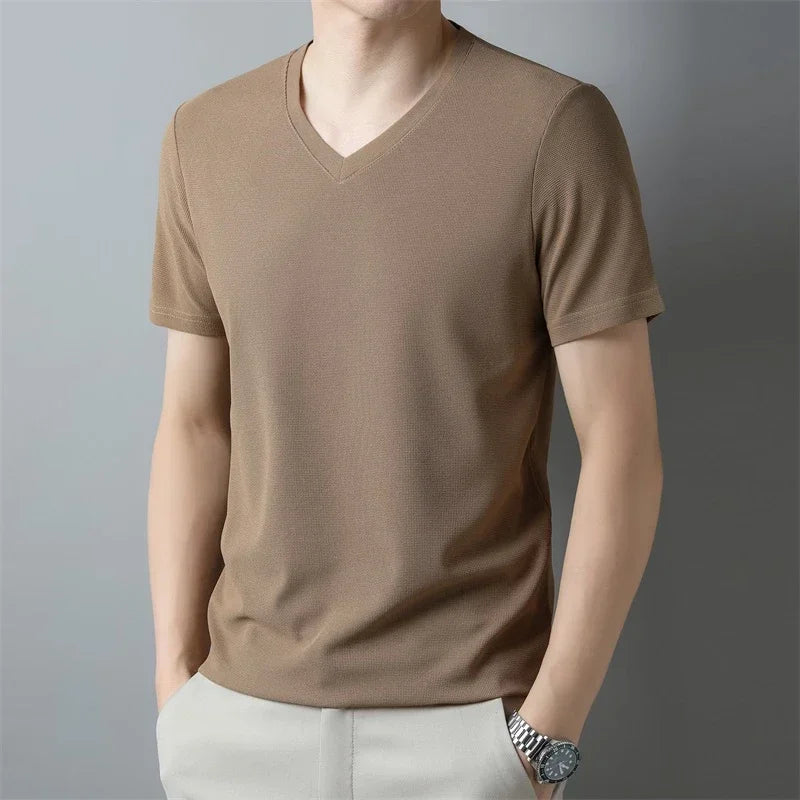 Men's New Waffle V Neck Short Sleeved T-shirt Summer Comfortable Top