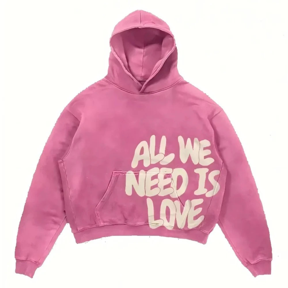 Pink Hoodies All We Need Is Money Letter Print Y2K Loose Hip Hop Street Hooded Sweatshirt Unisex