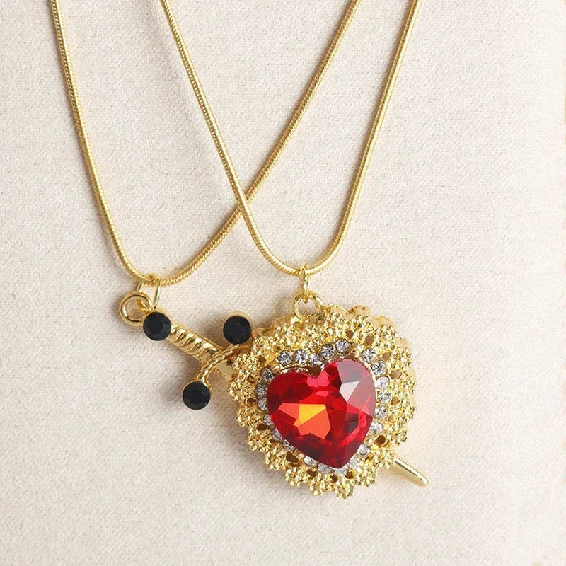 Heart and Sword Zircon Pendant Necklace for Women Men Couple Silver Gold Plated Choker Chain Jewelry