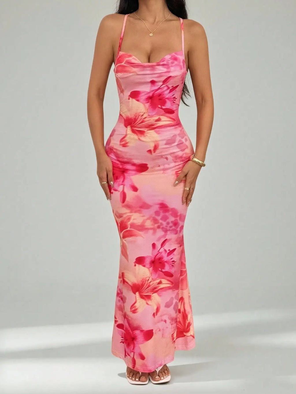Pink Floral Bodycon Maxi Dress With Plunging neckline And Backless Design For Vacation Party Wear