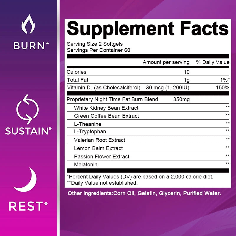 120pcs Night Time Fat Burnner Capsule for Women and Men Loss Weight Management Weight Slimming Tool Detox Burning Fat