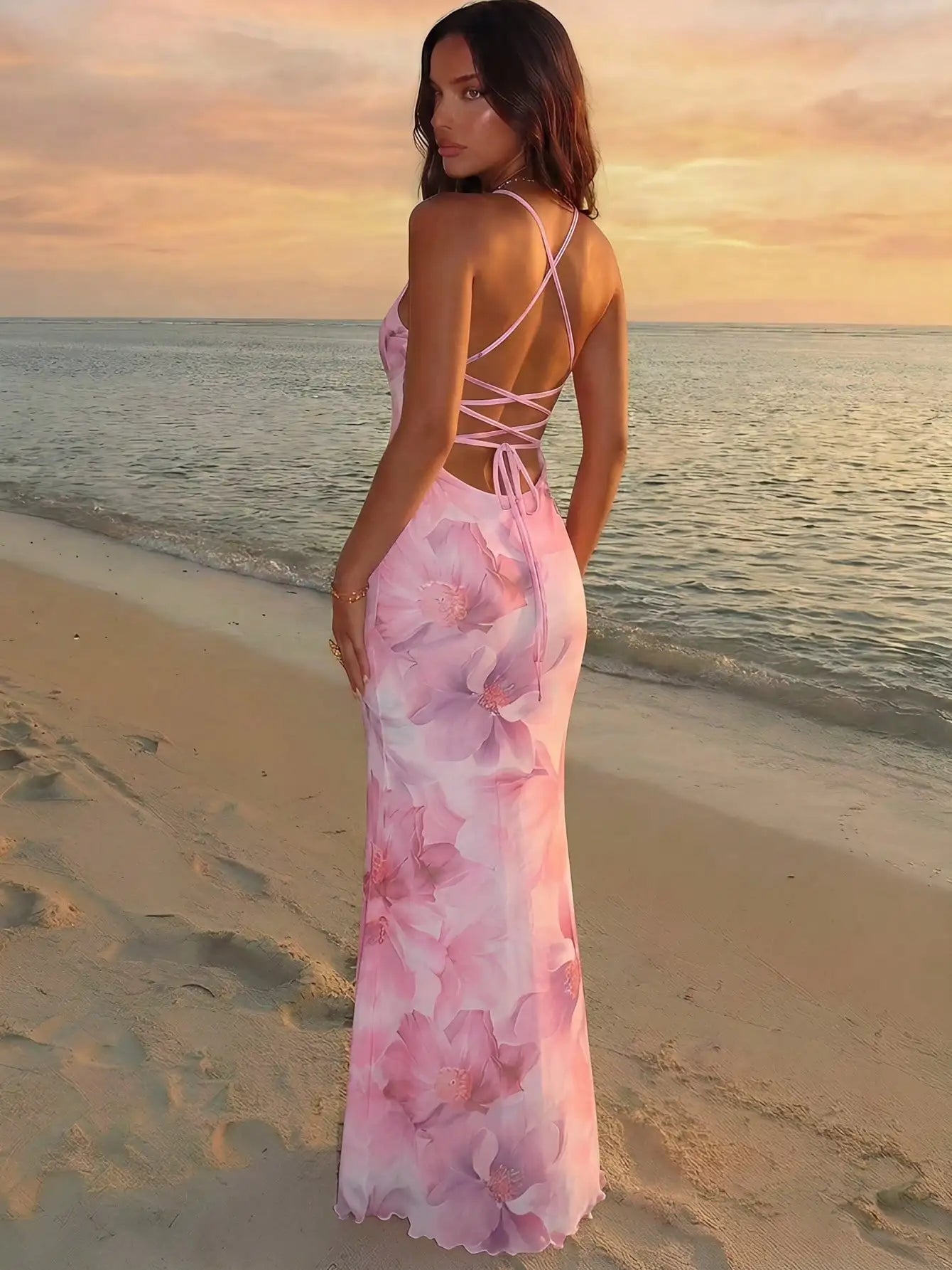 Womens Backless Strappy Maxi Dress With Floral Ombre Tie-Dye Print For Summer Beach Festival
